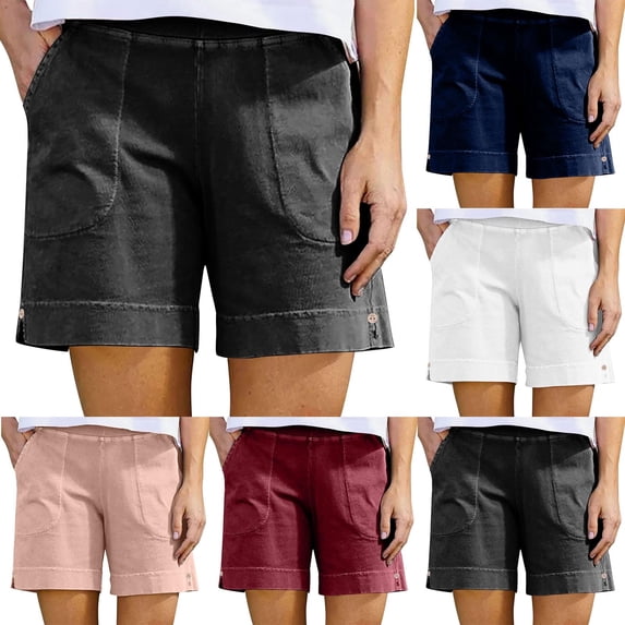Loopsun Womens Summer Fashion Solid Linen Button Loose Casual Daily Wear Shorts with Pockets Red, M