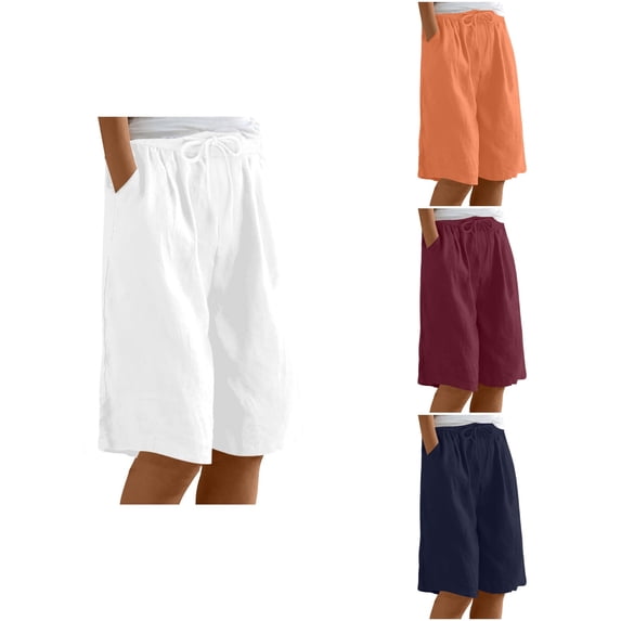 Loopsun Womens Summer Loose Casual Solid Linen Knee Length Soft Daily Wear Basic Fashion Shorts Orange, XL