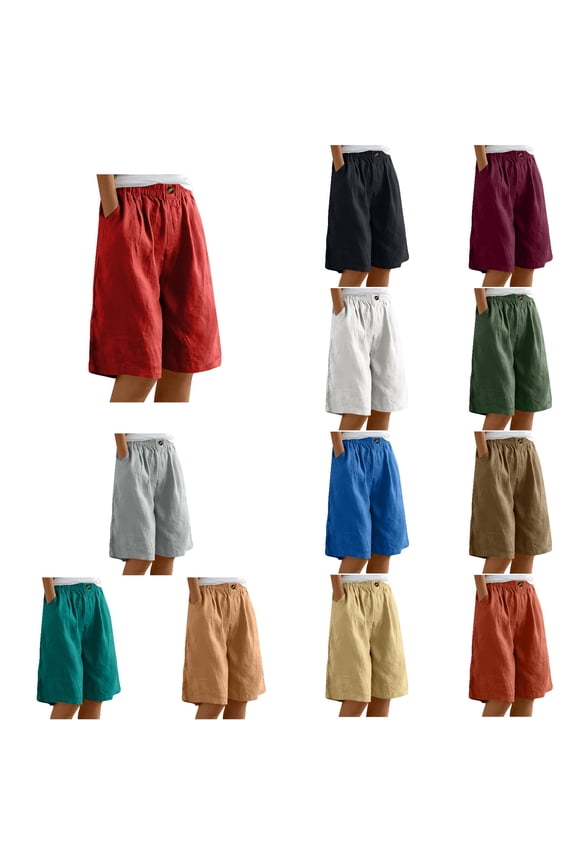 Womens Summer Plus Size Solid Linen Elastic Waist Loose Knee Length Daily Wear Casual Pants Yellow, XXL