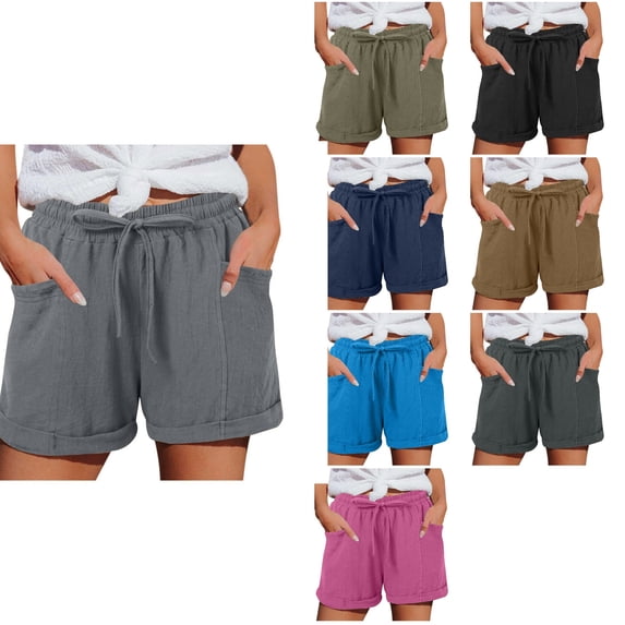 Loopsun Womens Summer Solid Linen Drawstring Loose Wide Leg Soft Casual Daily Wear Fashion Shorts Gray, XXL