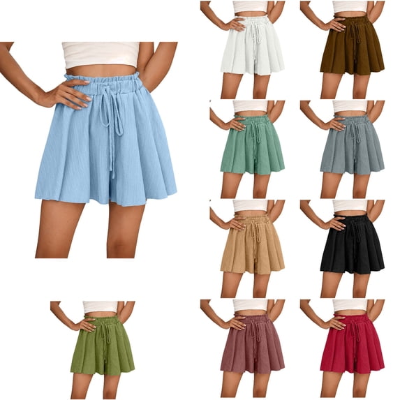 Loopsun Womens Summer Solid Pleated Loose Wide Leg Elastic Waist Knee Length Casual Fashion Shorts Green, M