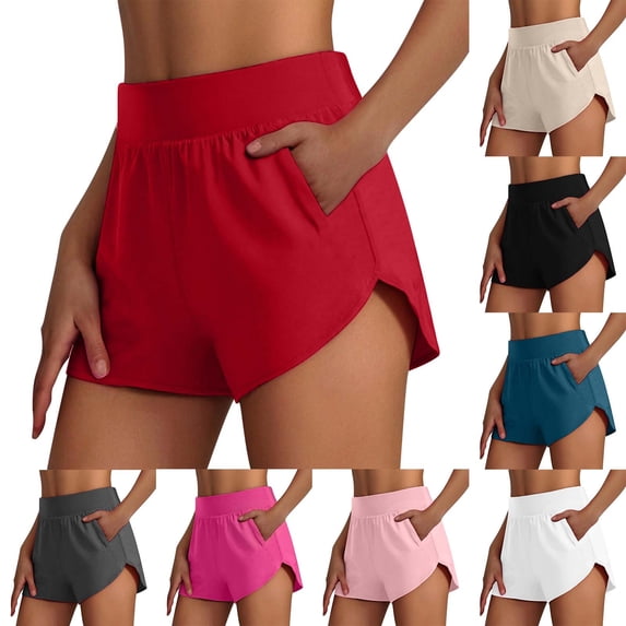 Loopsun Womens Summer Solid Yoga Tennis Running Sports Active Shorts with Side Zipper Pockets Red, XL