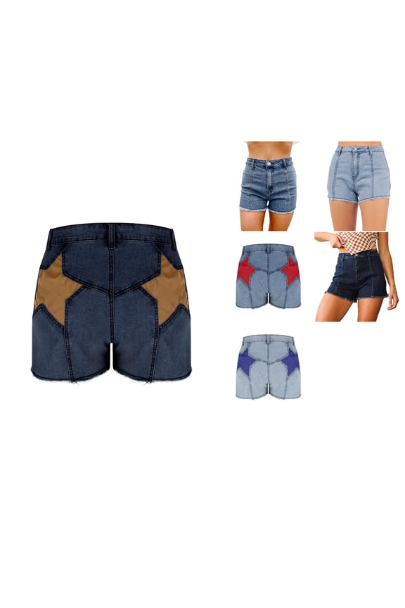 Womens Summer Star Patchwork Denim Button Zipper Casual Daily Fashion Wear Shorts with Pockets Blue, L