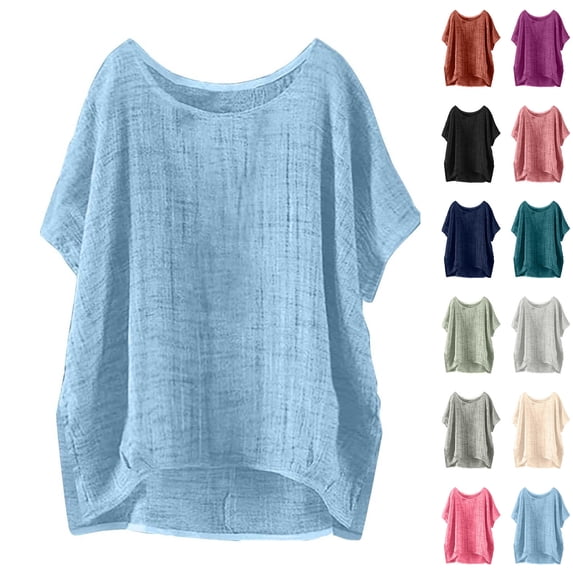 Loopsun Womens Summer Tops Plus Size, Linen Shirts for Women, Women's Round Neck Short Sleeve Solid Side Split Casual Loose T Shirt Top Light Blue, XXXXL