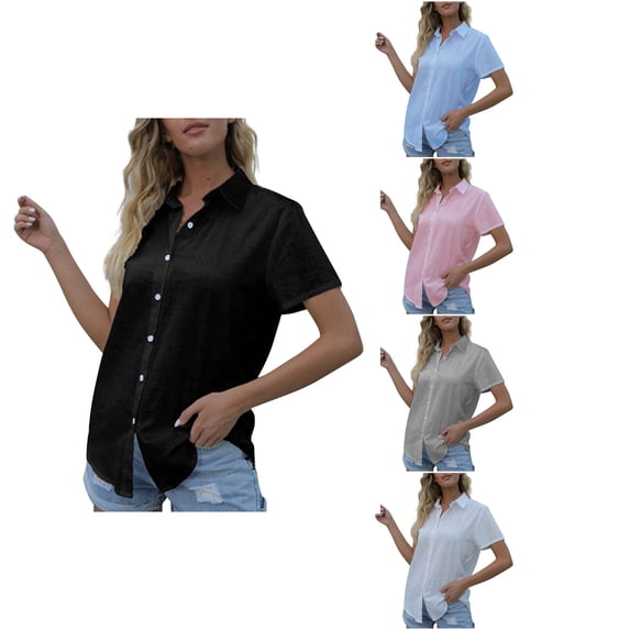 Loopsun Womens Summer Tops Plus Size, Linen Shirts for Women, Women's Fashion Collared Short Sleeve Solid Blouse Top Gray, XXXXL