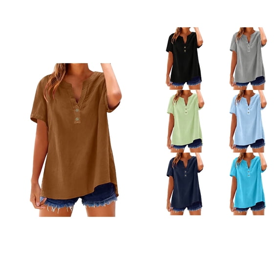 Loopsun Womens Summer Tops Plus Size, Linen Shirts for Women, Women's V Neck Short Sleeve Solid Casual Comfortable Blouse Top Navy, XL