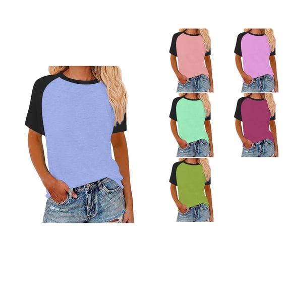 Loopsun Womens Summer Tops Plus Size, T Shirts for Women, Women's Round Neck Raglan Short Sleeve Patchwork Fashion Top Hot Pink, L