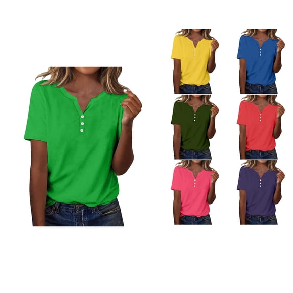 Loopsun Womens Summer Tops Plus Size, T Shirts for Women, Women's V Neck Short Sleeve Solid Button Casual Fashion T Shirt Top Army Green, XXL
