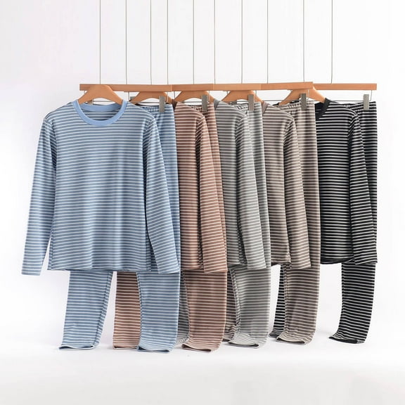 Loopsun Womens Thermal Pajama Sets, Women's Plus Size Seamless Stripe Print Crew Neck Long Sleeve Soft Fleece Top and Long Pants Thermal Pajama Loungewear Set Brown, XL