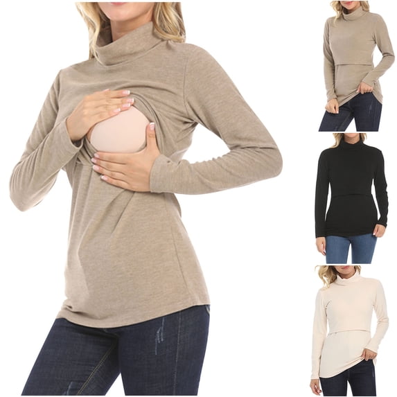 Loopsun Womens Tops, Nursing Shirts for Maternity, Women's Solid Mock Neck Warm Nursing Long Sleeve Fashion Maternity Top Khaki, XL