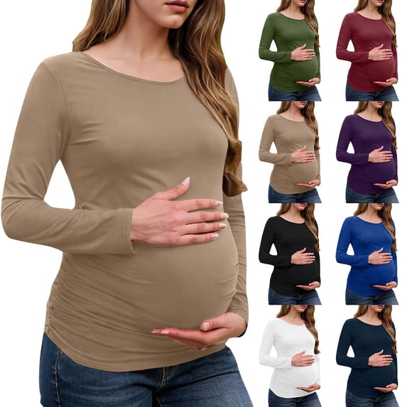 Loopsun Womens Tops, Shirts for Maternity, Women's Solid Round Neck Long Sleeve Ruffled Pullover Maternity Top Army Green, L