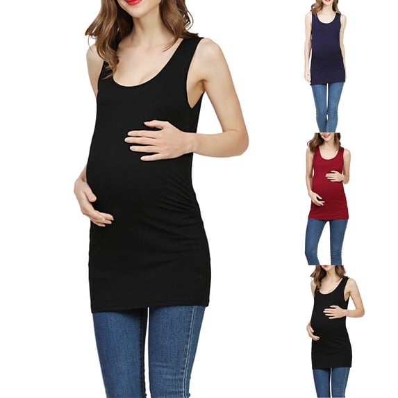 Loopsun Womens Tops, Shirts for Maternity, Women's Solid Round Neck Sleeveless Stretchy Casual Plus Size Maternity Tank Tops Red, XXL