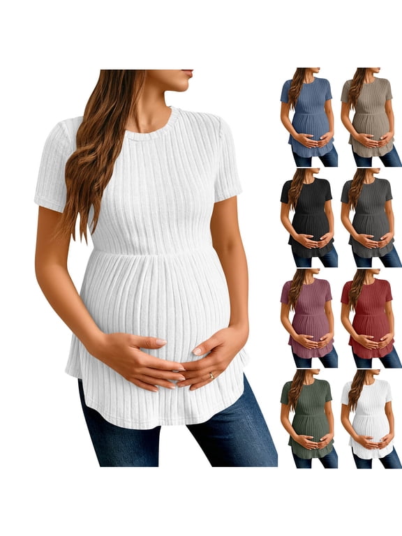 Womens Tops, Shirts for Maternity, Women's Solid Waist Ruffled Loose Casual Round Neck Short Sleeve T Shirt Maternity Tops Khaki, L