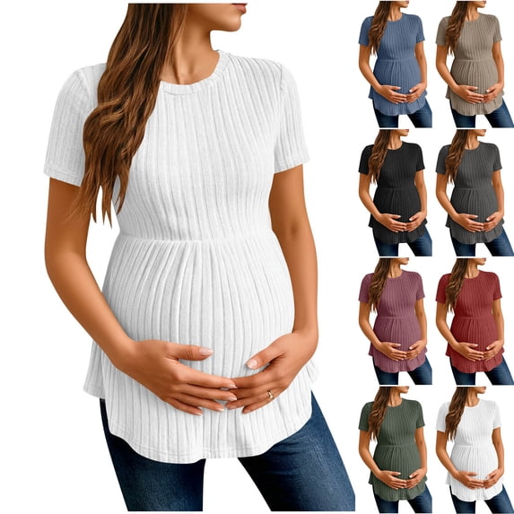 Loopsun Womens Tops, Shirts for Maternity, Women's Solid Waist Ruffled Loose Casual Round Neck Short Sleeve T Shirt Maternity Tops Khaki, S