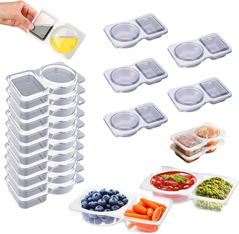 Loopunk 20 Sets Double Compartment Condiment Container With Lids, Reusable Snack Container for Sauces and Snacks, Disposable Snack Containers, Ideal for On-the-Go Meals and Parties