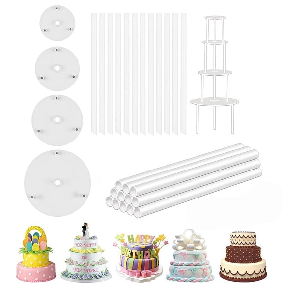 Loopunk 24 Pieces Cake Dowel Rods with 4 Cake Separator Plates, Cake Support Rods & Boards for 9/12/16/20cm 4 Tiered & Multi Layer Cake Construction Supporting
