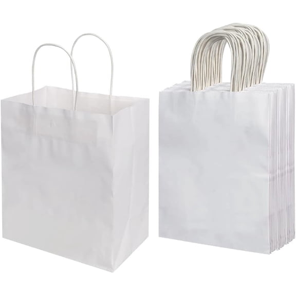 Loopunk 50 White Kraft Paper Gift Bags with Handles, 15x21x8cm Small Shopping Bags for Retail, Parties & Gifts