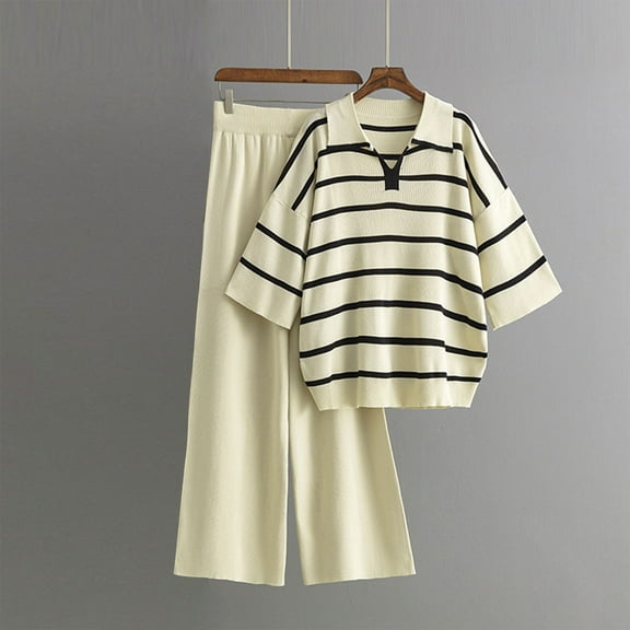 Loose 2 Piece Sets for Women Striped Knitted Sweater Tops High Waist Straight Pants Airport Travel Outfits New Women 2 Piece Outfits Sets Fall Beige One Size