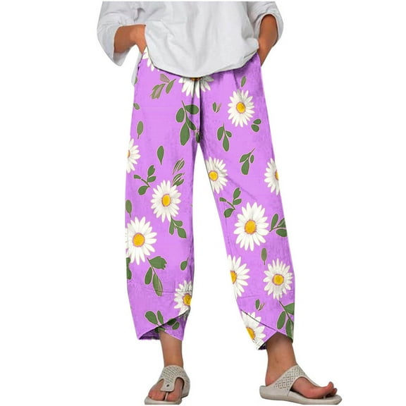 Loose Beach Ankle Pants for Women Floral Print Fashion 2025 Summer Casual Plus Size Capris Trousers with Tulip Hem