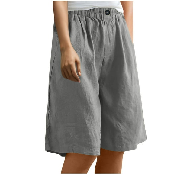 Loose Beach Trousers with Pockets Women's Summer Cotton Linen Shorts, Loose Fitting Bermuda Shorts, Elastic Waist Knee Length Baggy Shorts, Beach Vocation Short Pants with Pocket Gray S