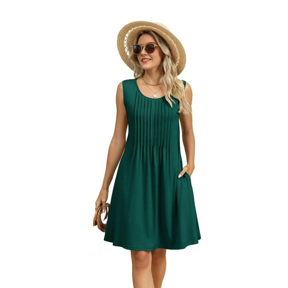 Loose Beach Vacation Casual Crew Neck Sleeveless Sundresses with Pockets Tank Dress Dark Green S