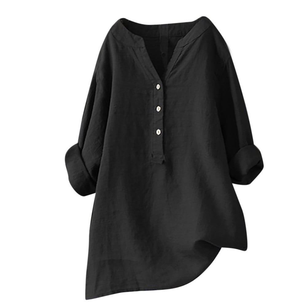 Loose Button Down Blouse Tops Stand Solid Sleeve Long Casual Women