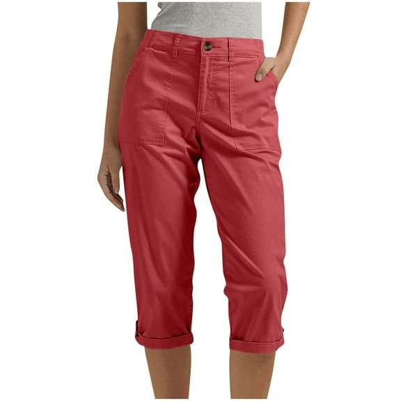 Loose Capris Pants for Women New 2025 Summer Women Cargo Capris Pants Dressy Joggers Casual Pull on Cropped Trousers with Pockets Red XXL