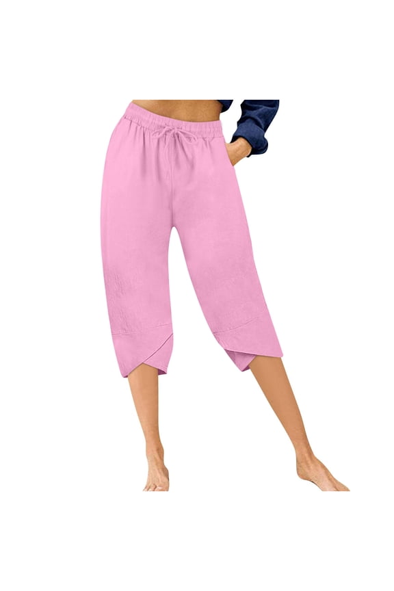 Loose Capris for Women Walking New Summer Capris Pants for Women Casual High Waist Lounge Pants Elastic Waist Baggy Cropped Trousers Beach Outfit Pinky XXL