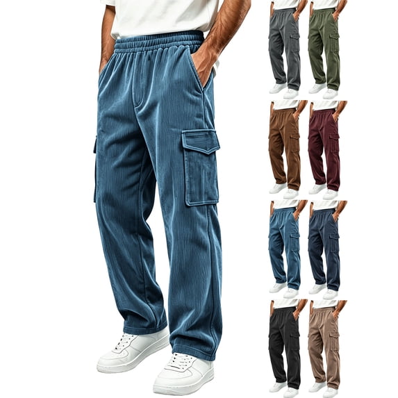 Loose Cargo Pants for Men,Elastic Waist Wide Leg,Solid Color Casual Pants with Pockets for Vacation Sightseeing
