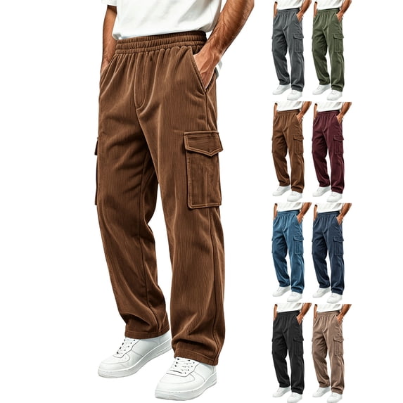 Loose Cargo Pants for Men,Elastic Waist Wide Leg,Solid Color Casual Pants with Pockets for Vacation Sightseeing