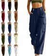 thumbnail image 1 of Loose Cargo Pants for Women Wide Leg Linen-Like Back Elastic Waist Button Zipper Multi Pocket Casual Trousers, 1 of 9