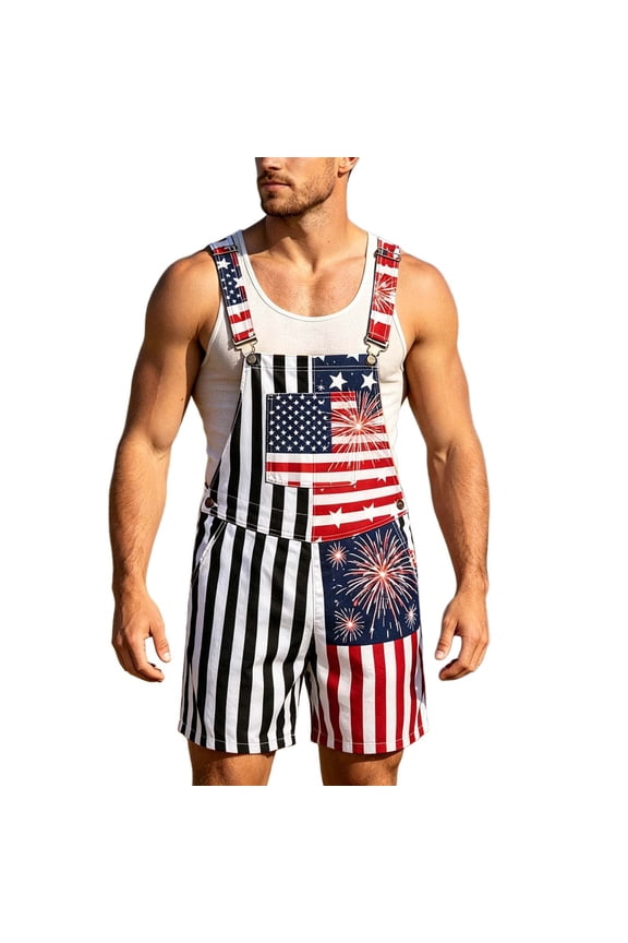 Loose Casual Men Bib Overalls American Flag Print Holiday Festival Daily Wear Short Jumpsuit 5XL