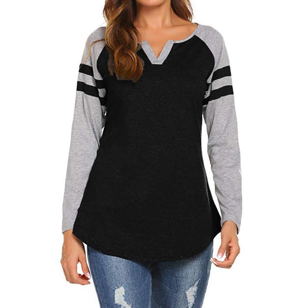 Round Neck Long Sleeve Stitch Color T-shirt, Casual Loose Comfy Stylish  Every Day T-shirt, Women's Clothing