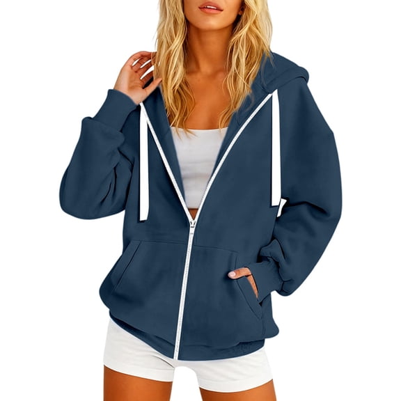 Loose Casual Women's Korean-Style Hoodie Long Sleeve Solid Color Zip Up Hoodie Warm Lightweight Jacket for Spring and Autumn