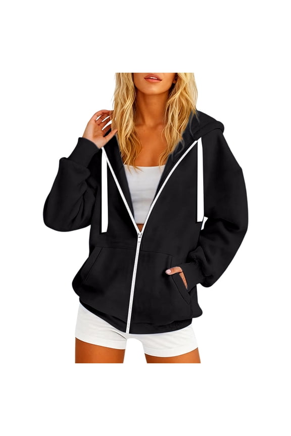 Loose Casual Women's Korean-Style Hoodie Long Sleeve Solid Color Zip Up Hoodie Warm Lightweight Jacket for Spring and Autumn