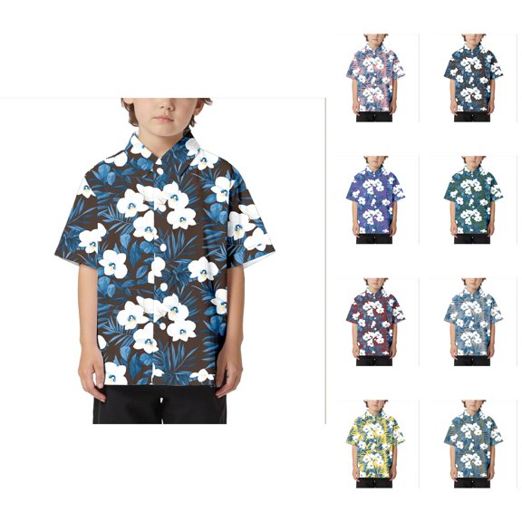 Loose Comfortable Boys Collar Button Open Shirt, Short Sleeve Chambray Casual Cotton Woven Shirt with Two Pockets for Kids 6-14 Years