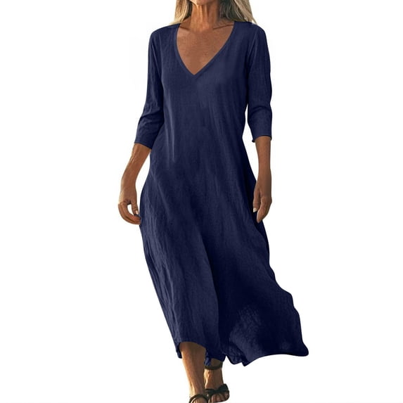 Loose Cotton Linen Dress Women's Summer Dress Fashion Solid Elegant Atmospheric Straight Dress V-neck Short-Sleeved Long Dresses Women's Clothing Date Night Going Out Dresses Navy L