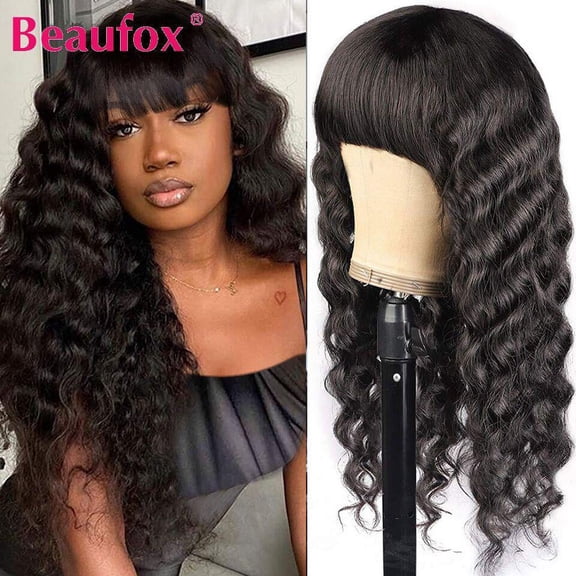 Loose Deep Wave Wig With Bangs Malaysian Human Hair Glueless