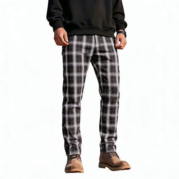 GINGTTO Men's Casual Slim Fit Pants - Stretch Black & White Plaid Chino Trousers for Work & Weekend