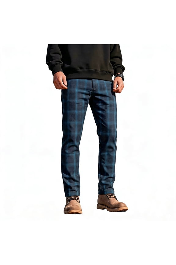 Men's Casual Slim Fit Pants - Stretch Green & Black Plaid Chino Trousers for Work & Weekend