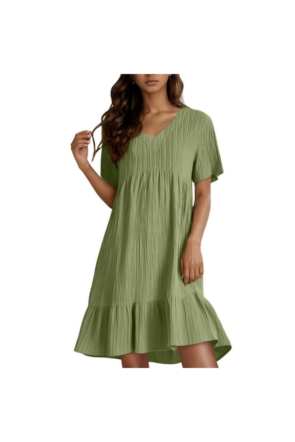 Loose Dresses for Women Spring Midi Knee Length V Neck Cotton Linen Trendy Pleated Dresses Ruffle Tiered Layered Short Sleeve Modest Gauze Dresses Army Green L