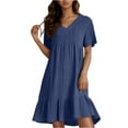 thumbnail image 1 of Loose Dresses Women V Neck Cotton Linen Ruffle Tiered Layered Casual Gauze Dresses Knee Length Short Sleeve Party Short Dresses Navy XXL, 1 of 5