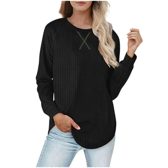 Loose Fall Sweaters Women Long Sleeve Casual Ribbed Pullover Tops Loungewear Crewneck High Low Sweater Black, S