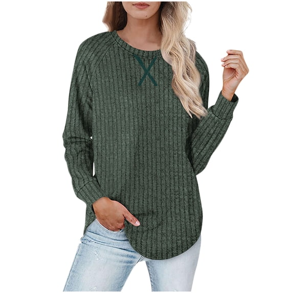 Loose Fall Sweaters Women Long Sleeve Casual Ribbed Pullover Tops Loungewear Crewneck High Low Sweater Green, XL