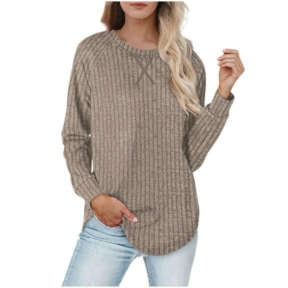 Loose Fall Sweaters Women Long Sleeve Casual Ribbed Pullover Tops Loungewear Crewneck High Low Sweater Khaki, M