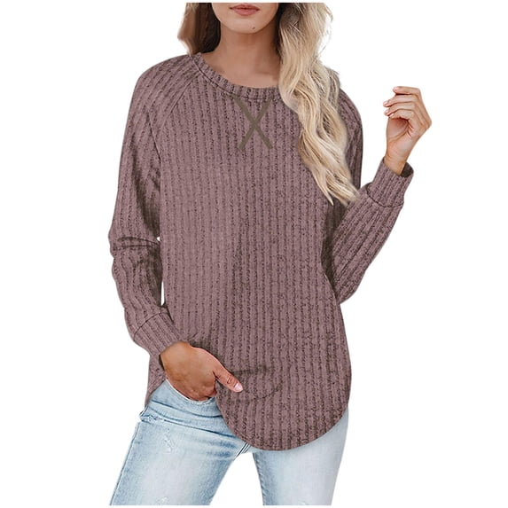 Loose Fall Sweaters Women Long Sleeve Casual Ribbed Pullover Tops Loungewear Crewneck High Low Sweater Pink, M