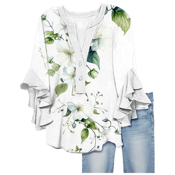 Loose Fit Blouses for Women Floral 3/4 Length Sleeve T Shirt Dressy Casual V Neck Button Womens T Shirts