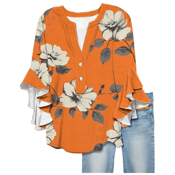 Loose Fit Blouses for Women Floral 3/4 Length Sleeve T Shirt Dressy Casual V Neck Button Womens T Shirts