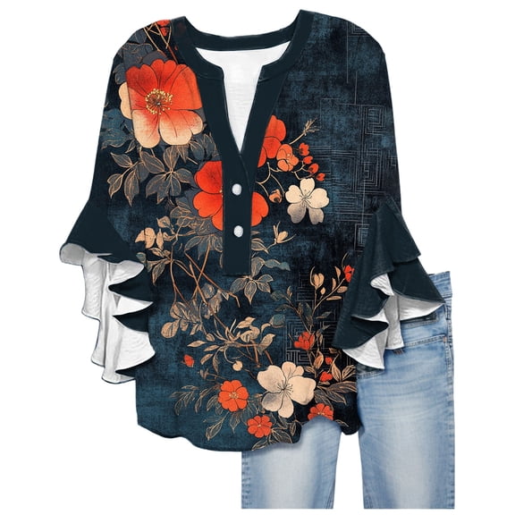 Loose Fit Blouses for Women Floral 3/4 Length Sleeve T Shirt Dressy Casual V Neck Button Womens T Shirts