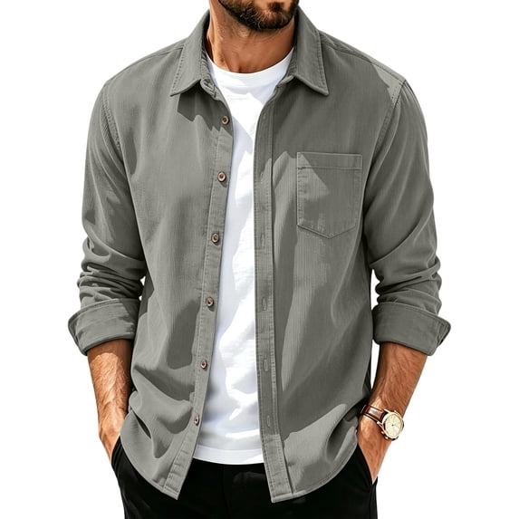 Loose Fit Button Up Shirt Jacket For Men, Solid Lapel Long Sleeve Casual Top, Fall Daily Layering Pocket Shacket